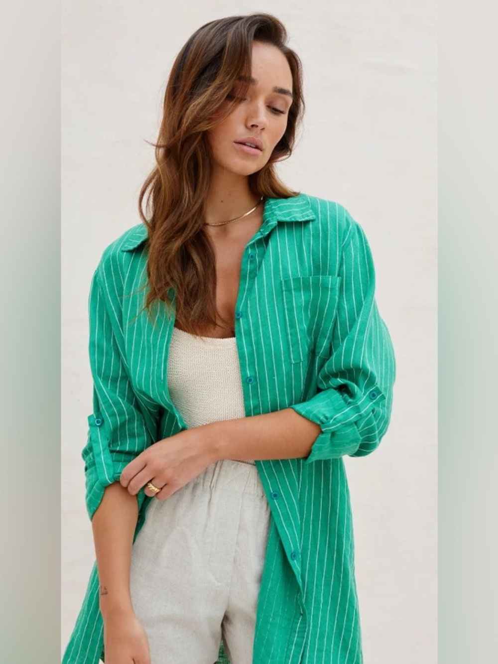 Charli Linen Provence Button Up Shirt in Green One Size Oversized - Picture 10 of 11